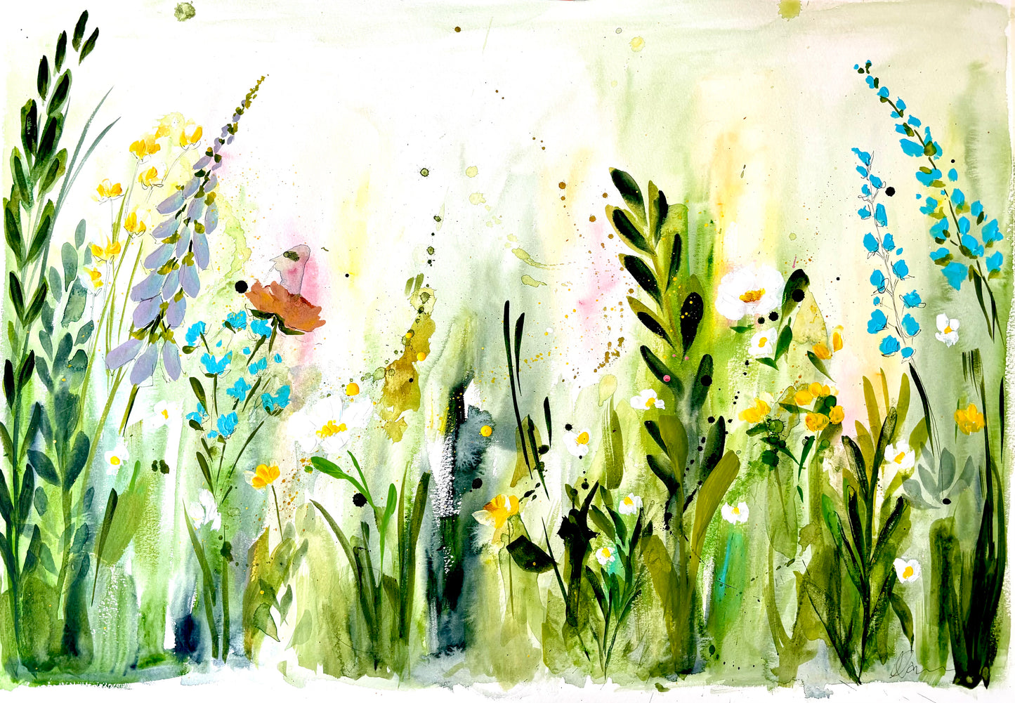 Watercolour meadow - A2 watercolour & ink original artwork; professionally framed